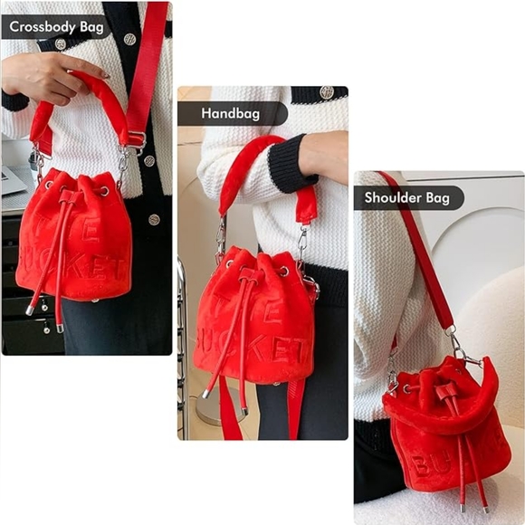 Fire Red Velour Bucket Handbag - Picture 3 of 3